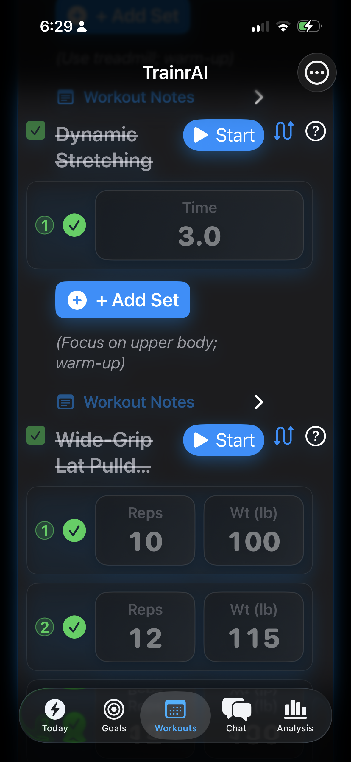 TrainrAI Workout Sets complete